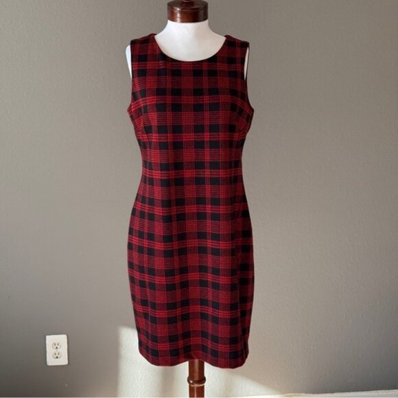 Tommy Hilfiger Color BLock Plaid Red Black Sheath Sleeveless Dress Sz 12 - Picture 1 of 7